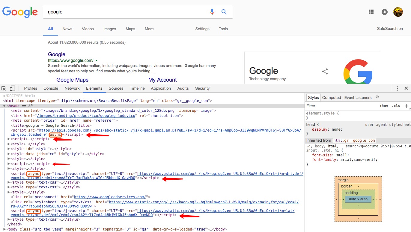 google搜索页在head中引入的JavaScript